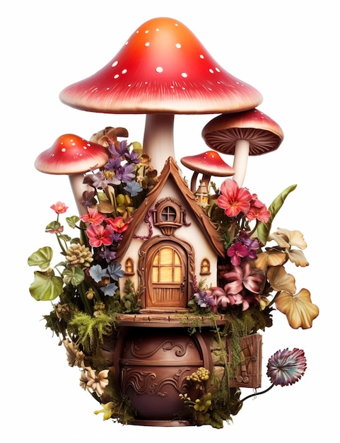 há uma pequena casa com um telhado de cogumelo e um jardim de flores generativo ai