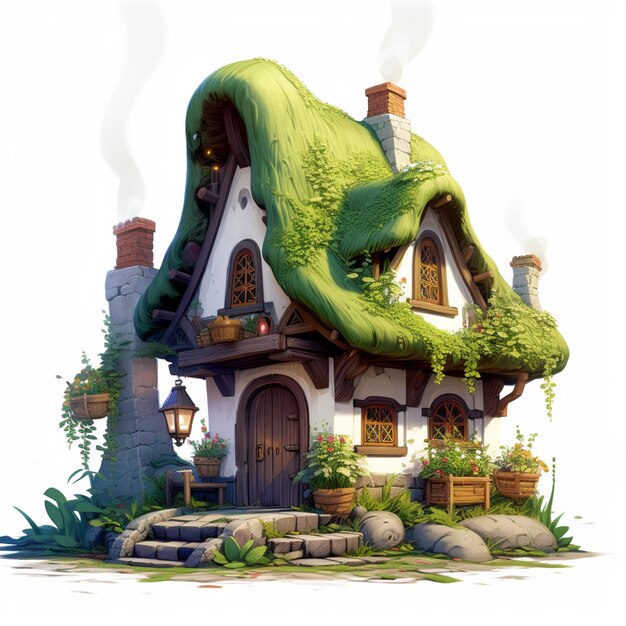 Há uma pequena casa com um telhado verde e uma chaminé generativa ai