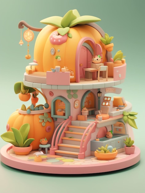 há uma pequena casa de boneca com uma abóbora no topo ai generativa