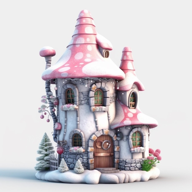 Há uma pequena casa rosa e branca com um boneco de neve no topo.