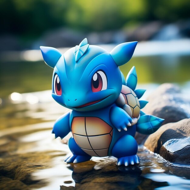 Há uma pequena figura de pokémon azul sentada em uma pedra na água geradora  de ia