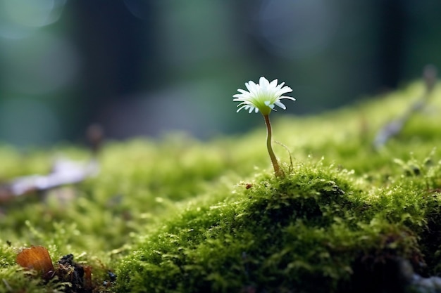 há uma pequena flor branca que está crescendo em uma superfície musgosa geradora de IA