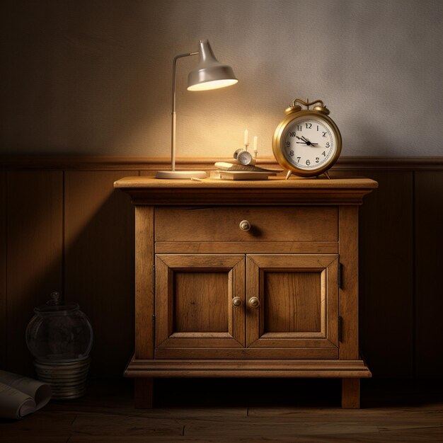 Foto há uma pequena mesa de madeira com um relógio nela.