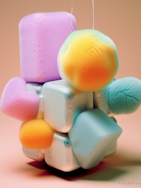 há uma pequena pilha de marshmallows coloridos em uma mesa generativa ai