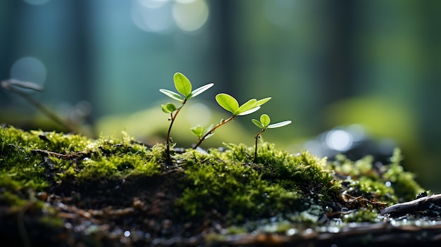 há uma pequena planta que está crescendo em um tronco coberto de musgo IA generativa