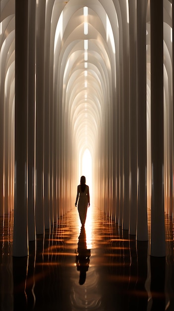 Foto há uma pessoa a caminhar através de um túnel de colunas generativo ai