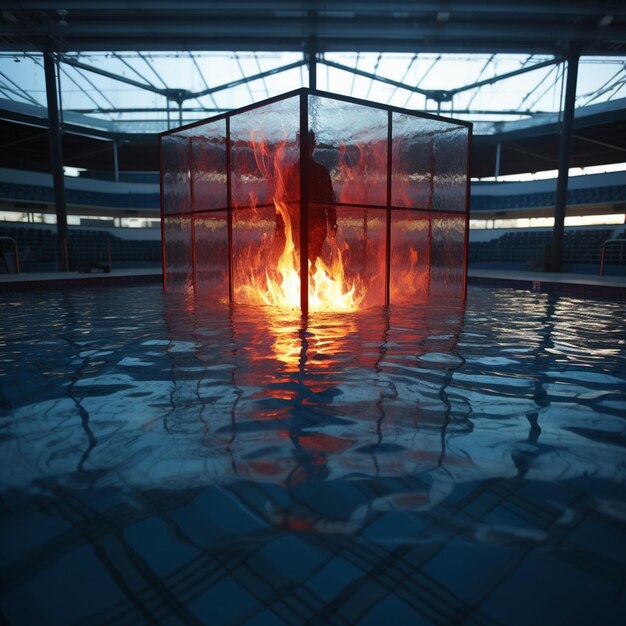 Foto há uma pessoa de pé em um poço de fogo em uma piscina generativa ai