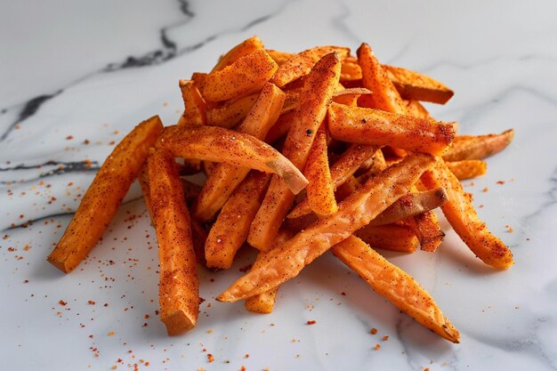 Há uma pilha de batatas fritas numa mesa de mármore.