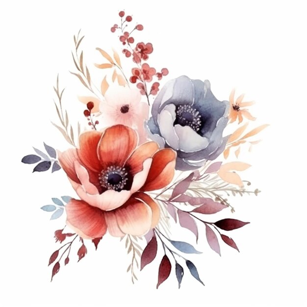 Há uma pintura a aquarela de flores em um fundo branco generativo ai