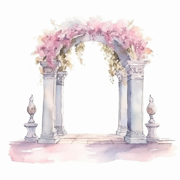 Há uma pintura a aquarela de um arco de jardim com flores generativas ai