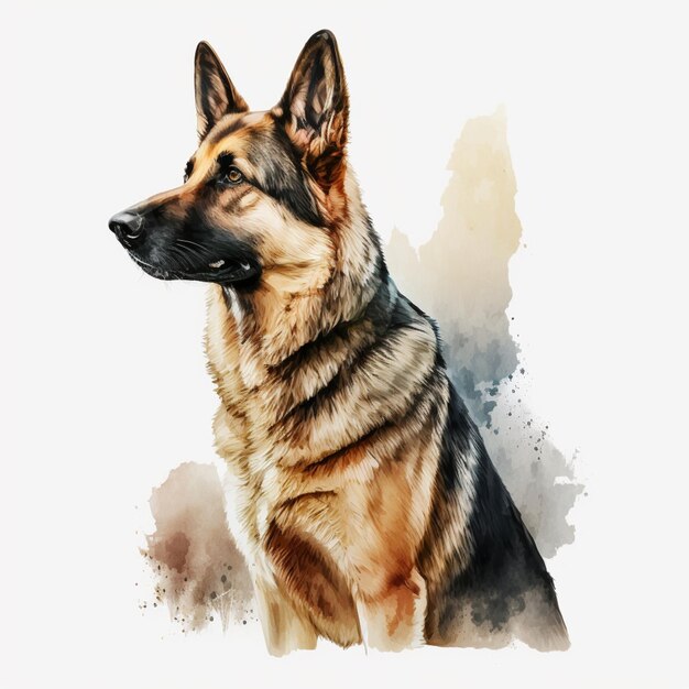 Foto há uma pintura a aquarela de um cão pastor alemão generativo ai