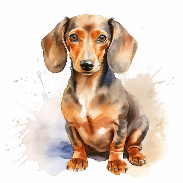 Foto há uma pintura a aquarela de um cão sentado no chão.