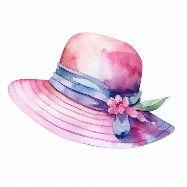 Há uma pintura a aquarela de um chapéu com uma flor nele.