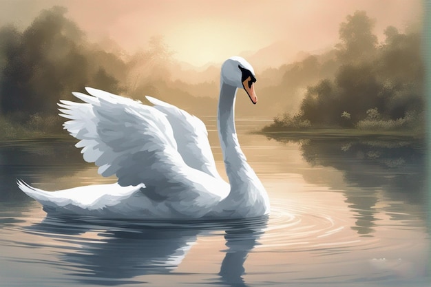 Há uma pintura a aquarela de um cisne nadando na água generativa ai