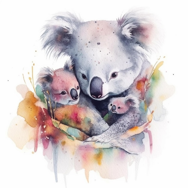 Há uma pintura a aquarela de um coala e seu bebê generativo ai