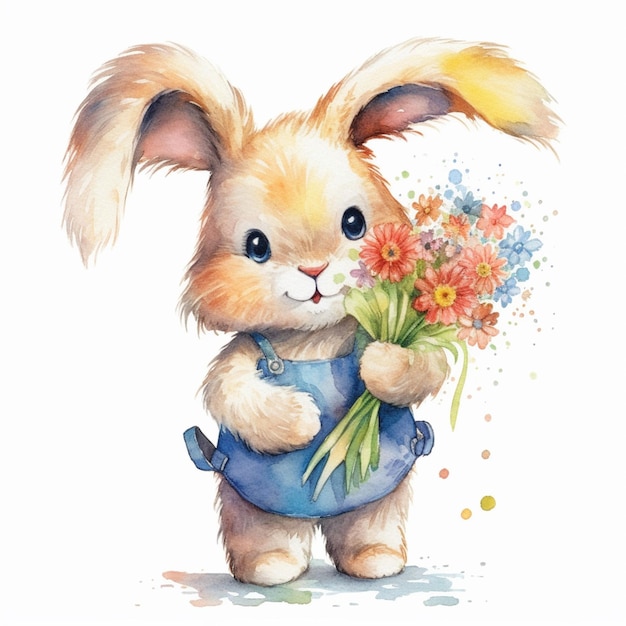 Há uma pintura a aquarela de um coelho segurando um buquê de flores generativo ai