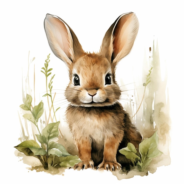 Há uma pintura a aquarela de um coelho sentado na grama generativa ai