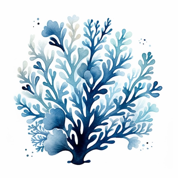 Há uma pintura a aquarela de um coral azul sobre um fundo branco.