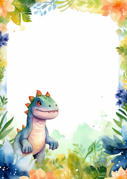 Há uma pintura a aquarela de um dinossauro numa selva.