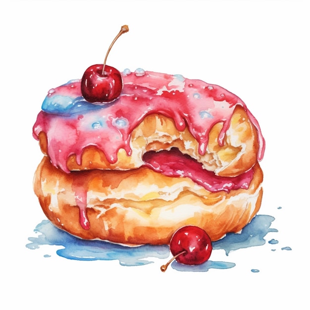 Há uma pintura a aquarela de um donut com uma cereja no topo.