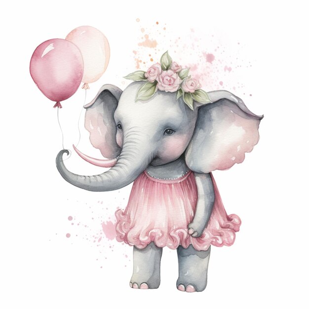 Há uma pintura a aquarela de um elefante com um vestido rosa e um balão generativo ai