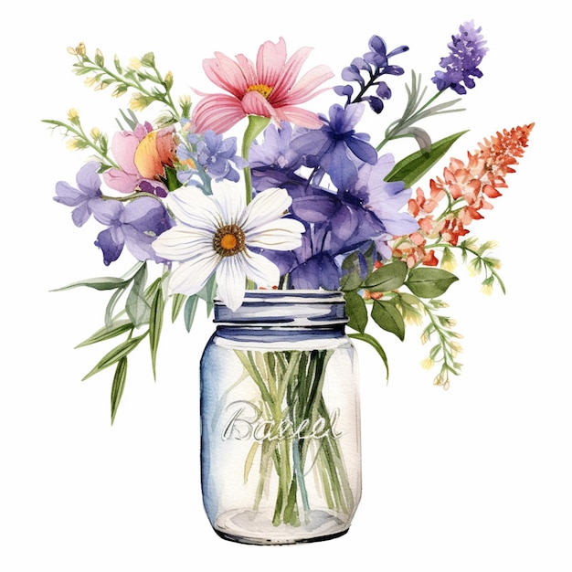 Há uma pintura a aquarela de um frasco de pedreiro com flores nele.