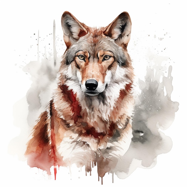 Há uma pintura a aquarela de um lobo com um colarinho vermelho.