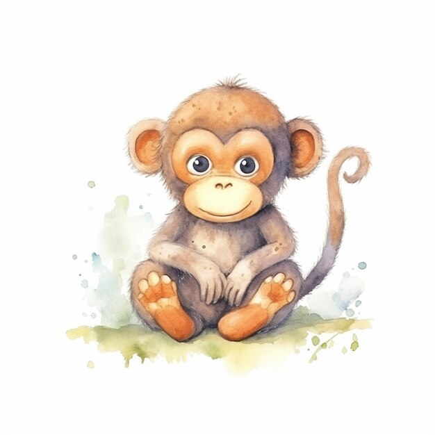 Há uma pintura a aquarela de um macaco sentado no chão.