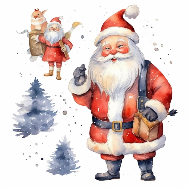 Há uma pintura a aquarela de um Papai Noel e uma árvore de Natal generativa ai