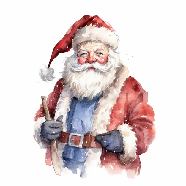 Há uma pintura a aquarela de um Papai Noel segurando um tubo gerador ai