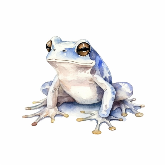 Há uma pintura a aquarela de um sapo sentado no chão.