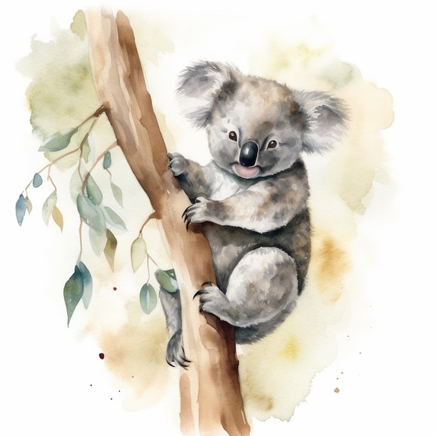 Há uma pintura a aquarela de um urso koala em uma árvore generativa ai