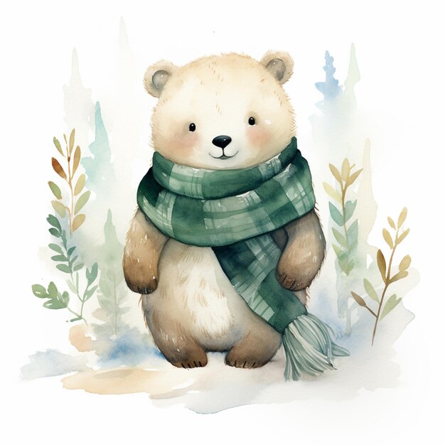 Há uma pintura a aquarela de um urso usando um lenço generativo ai