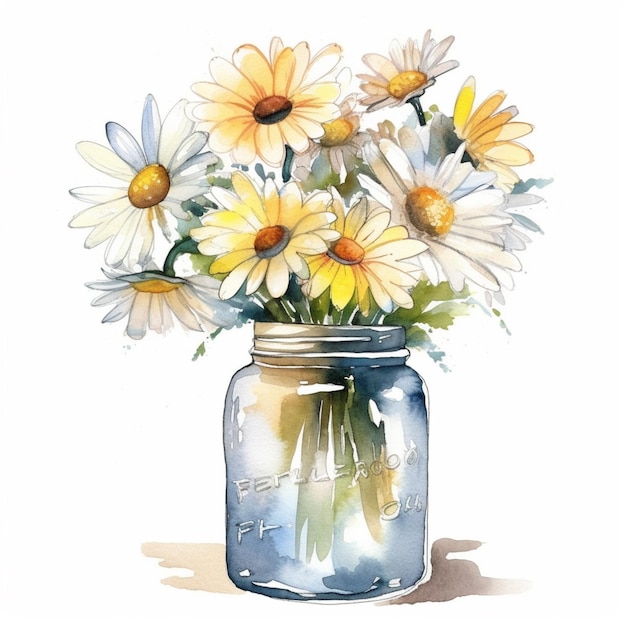 Há uma pintura a aquarela de um vaso com margaridas nele.