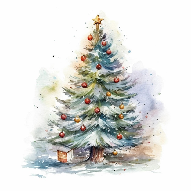 Há uma pintura a aquarela de uma árvore de Natal com ornamentos generativos ai
