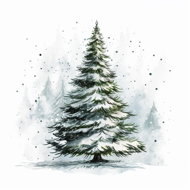 Há uma pintura a aquarela de uma árvore de Natal na neve generativa ai