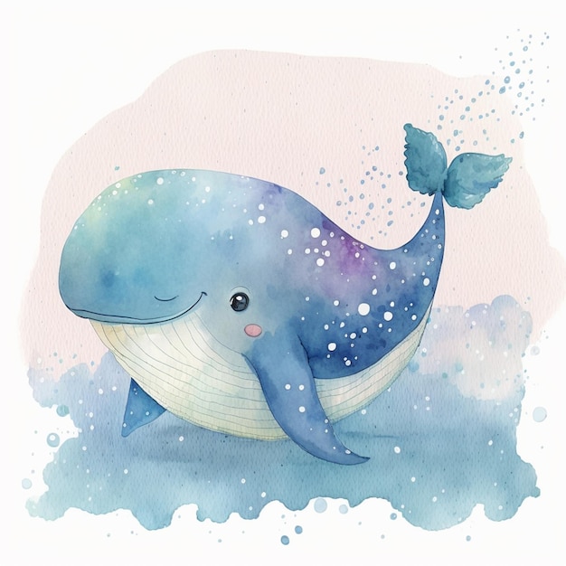 Foto há uma pintura a aquarela de uma baleia com uma cauda azul generativa ai
