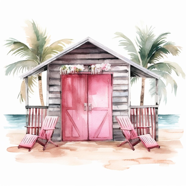 Há uma pintura a aquarela de uma cabana de praia com duas cadeiras generativas ai