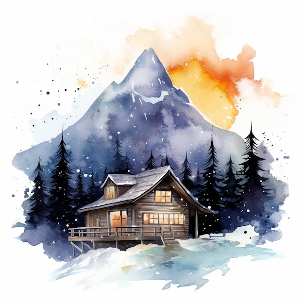 Há uma pintura a aquarela de uma cabana nas montanhas.