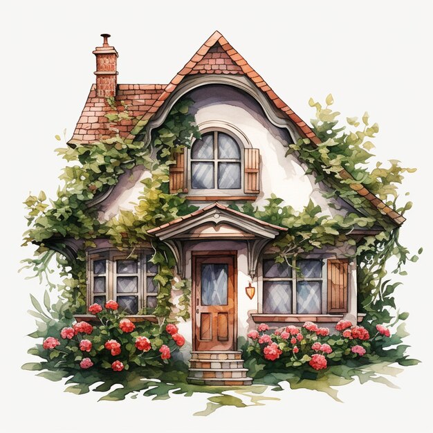 Há uma pintura a aquarela de uma casa com flores na frente generativa ai