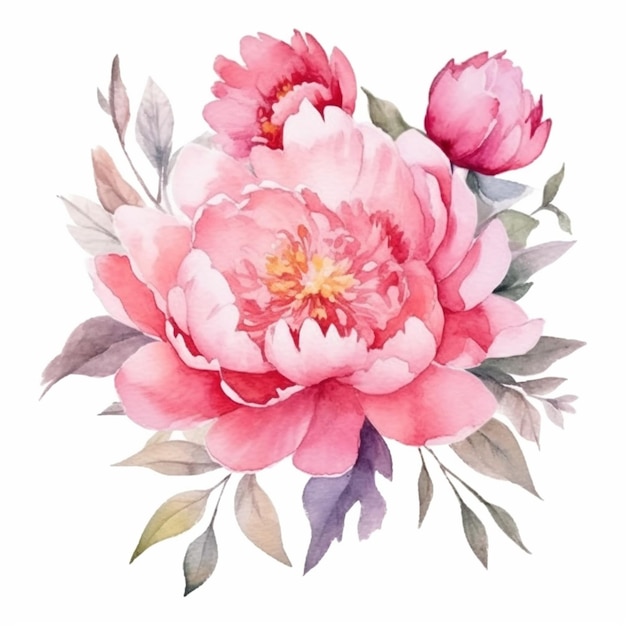 Há uma pintura a aquarela de uma flor rosa em um fundo branco.