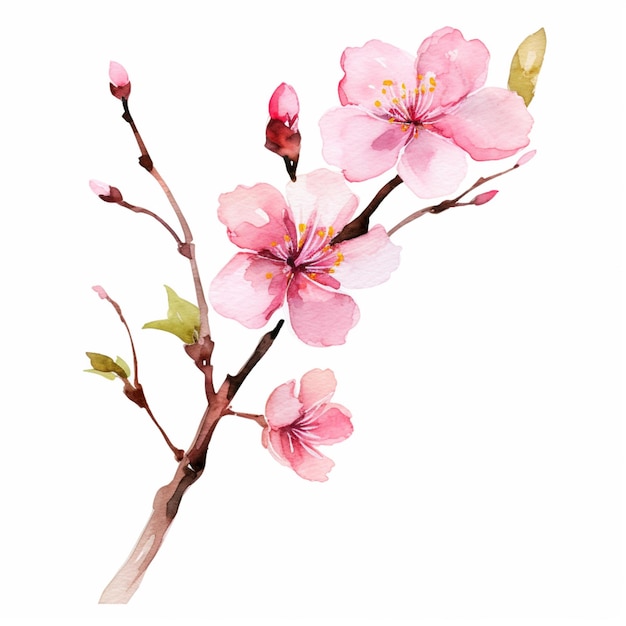 Foto há uma pintura a aquarela de uma flor rosa em um ramo generativo ai