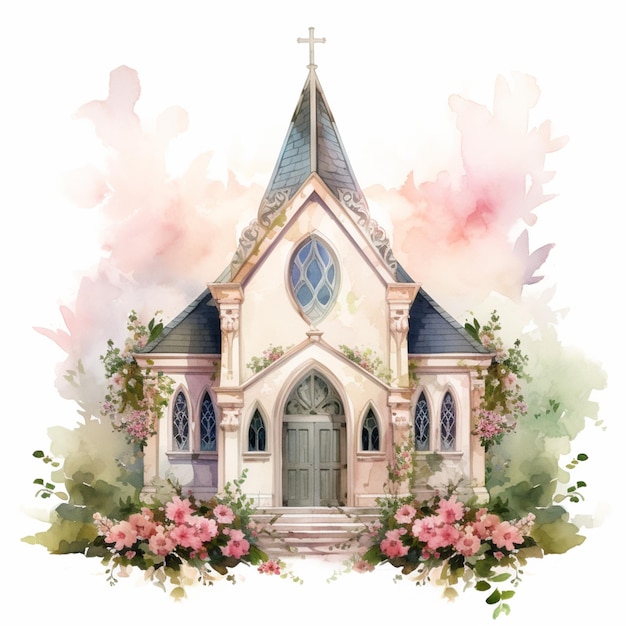 Há uma pintura a aquarela de uma igreja com flores generativas ai