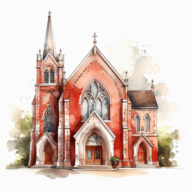 Há uma pintura a aquarela de uma igreja com um relógio nele.