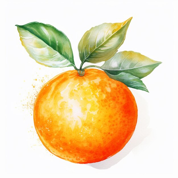 Foto há uma pintura a aquarela de uma laranja com uma folha nela.