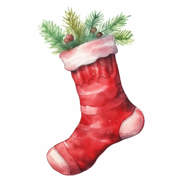 Há uma pintura a aquarela de uma meia de Natal com galhos de pinheiro.