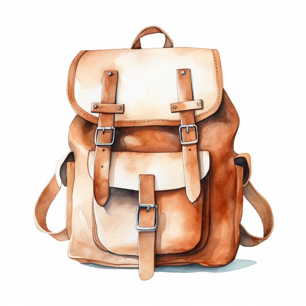 Há uma pintura a aquarela de uma mochila em um fundo branco.