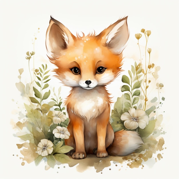 Há uma pintura a aquarela de uma raposa sentada na grama generativa ai