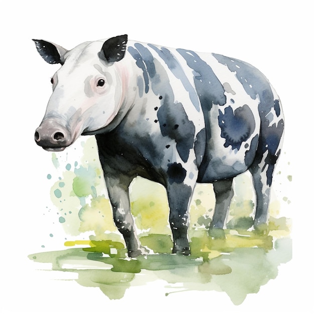 Há uma pintura a aquarela de uma vaca de pé em um campo generativo ai