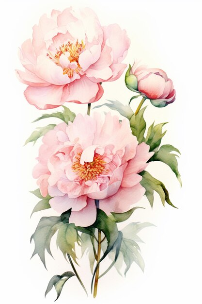 Há uma pintura de duas flores cor-de-rosa em um fundo branco generativo ai